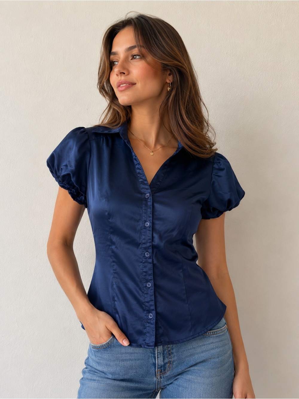 Classic Navy Puff-Sleeve Button-Up Top